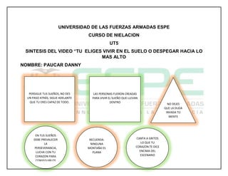 UNIVERSIDAD DE LAS FUERZAS ARMADAS ESPE
CURSO DE NIELACION
UT5
SINTESIS DEL VIDEO “TU ELIGES VIVIR EN EL SUELO O DESPEGAR HACIA LO
MAS ALTO
NOMBRE: PAUCAR DANNY
PERSIGUE TUS SUEÑOS, NO DES
UN PASO ATRÁS, SIGUE ADELANTE
QUE TU ERES CAPAZ DE TODO.
LAS PERSONAS FUERON CREADAS
PARA VIVIR EL SUEÑO QUE LLEVAN
DENTRO
NO DEJES
QUE LA DUDA
INVADA TÚ
MENTE
EN TUS SUEÑOS
DEBE PREVALECER
LA
PERSEVERANCIA,
LUCHA CON TU
CORAZON PARA
CONSEGUIRLOS
RECUERDA:
NINGUNA
MONTAÑA ES
PLANA
CANTA A GRITOS
LO QUE TU
CORAZON TE DICE
ENCIMA DEL
ESCENARIO
 