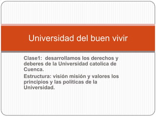 Universidad del buen vivir

Clase1: desarrollamos los derechos y
deberes de la Universidad catolica de
Cuenca.
Estructura: visión misión y valores los
principios y las politicas de la
Universidad.
 