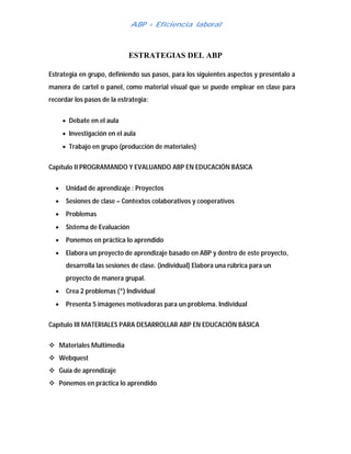 ABP = Eficiencia laboral



                             ESTRATEGIAS DEL ABP

Estrategia en grupo, definiendo sus pasos, para los siguientes aspectos y preséntalo a
manera de cartel o panel, como material visual que se puede emplear en clase para
recordar los pasos de la estrategia:


       Debate en el aula
       Investigación en el aula
       Trabajo en grupo (producción de materiales)

Capítulo II PROGRAMANDO Y EVALUANDO ABP EN EDUCACIÓN BÁSICA


      Unidad de aprendizaje : Proyectos
      Sesiones de clase – Contextos colaborativos y cooperativos
      Problemas
      Sistema de Evaluación
      Ponemos en práctica lo aprendido
      Elabora un proyecto de aprendizaje basado en ABP y dentro de este proyecto,
       desarrolla las sesiones de clase. (individual) Elabora una rúbrica para un
       proyecto de manera grupal.
      Crea 2 problemas (*) Individual
      Presenta 5 imágenes motivadoras para un problema. Individual

Capítulo III MATERIALES PARA DESARROLLAR ABP EN EDUCACIÓN BÁSICA


 Materiales Multimedia
 Webquest
 Guía de aprendizaje
 Ponemos en práctica lo aprendido
 