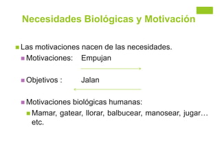 Necesidades Biológicas y Motivación
 Las motivaciones nacen de las necesidades.
 Motivaciones: Empujan
 Objetivos : Jalan
 Motivaciones biológicas humanas:
 Mamar, gatear, llorar, balbucear, manosear, jugar…
etc.
 