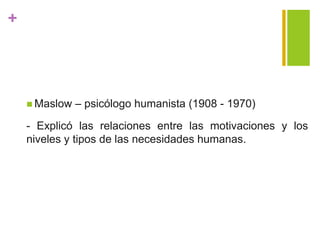 +
 Maslow – psicólogo humanista (1908 - 1970)
- Explicó las relaciones entre las motivaciones y los
niveles y tipos de las necesidades humanas.
 