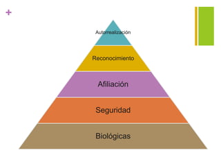 +
Autorrealización
Reconocimiento
Afiliación
Seguridad
Biológicas
 