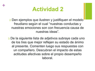 +
Actividad 2
2.Den ejemplos que ilustren y justifiquen el modelo
freudiano según el cual “nuestras conductas y
nuestras emociones son con frecuencia causa de
nuestras ideas”.
3.De la siguiente lista de adjetivos subraye cada uno
de los tres que mejor reflejen su estado de ánimo
al presente. Comenten luego sus respuestas con
un compañero. Descubran el impacto de estas
actitudes afectivas sobre el propio desempeño
laboral.
 