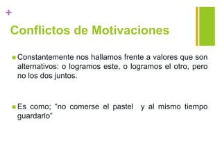 +
Conflictos de Motivaciones
 Constantemente nos hallamos frente a valores que son
alternativos: o logramos este, o logramos el otro, pero
no los dos juntos.
 Es como; “no comerse el pastel y al mismo tiempo
guardarlo”
 