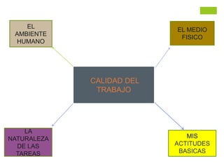 CALIDAD DEL
TRABAJO
LA
NATURALEZA
DE LAS
TAREAS
EL
AMBIENTE
HUMANO
EL MEDIO
FISICO
MIS
ACTITUDES
BASICAS
 