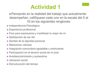 Actividad 1
 Pensando en la realidad del trabajo que actualmente
desempeñan, califíquese cada uno en la escala del 5 al
10 en los siguientes renglones:
 Independencia Psicológica
 Experiencia profesional
 Foro para expresarme y manifestar lo mejor de mí
 Satisfacción de ser útil
 Sentido de la dignidad personal
 Relaciones valiosas
 Integración comunitaria agradable y estimulante
 Participación en el devenir social de mi país
 Autodescubrimiento y autoestima
 Ubicación social
 Estructuración del tiempo
 
