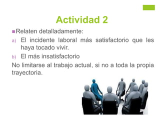 Actividad 2
Relaten detalladamente:
a) El incidente laboral más satisfactorio que les
haya tocado vivir.
b) El más insatisfactorio
No limitarse al trabajo actual, si no a toda la propia
trayectoria.
 
