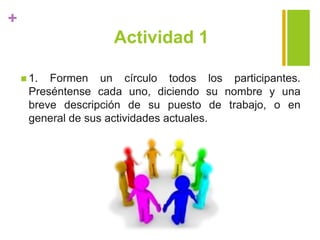 +
Actividad 1
 1. Formen un círculo todos los participantes.
Preséntense cada uno, diciendo su nombre y una
breve descripción de su puesto de trabajo, o en
general de sus actividades actuales.
 
