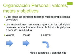 Organización Personal: valores,
metas y objetivos
 Casi todas las personas tenemos nuestra propia escala
de valores.
 La...