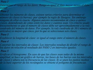  Paso 1 Determinar el rango de los datos. Rango es igual al dato mayor menos el dato menor. Paso 2 Obtener los números de clases, existen varios criterios para determinar el número de clases (o barras) -por ejemplo la regla de Sturgess. Sin embargo ninguno de ellos es exacto. Algunos autores recomiendan de cinco a quince clases, dependiendo de cómo estén los datos y cuántos sean. Un criterio usado frecuentemente es que el número de clases debe ser aproximadamente a la raíz cuadrada del número de datos. Por ejemplo, la raíz cuadrada de 30 ( número de artículos) es mayor que cinco, por lo que se seleccionan seis clases. Paso 3 Establecer la longitud de clase: es igual al rango entre el número de clases. Paso 4 Construir los intervalos de clases: Los intervalos resultan de dividir el rango de los datos en relación al resultado del PASO 2 en intervalos iguales. Paso 5 Graficar el histograma: En caso de que las clases sean todas de la misma amplitud, se hace un gráfico de barras, las bases de las barras son los intervalos de clases y altura son la frecuencia de las clases. Si se unen los puntos medios de la base superior de los rectángulos se obtiene el polígono de frecuencias.