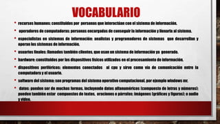VOCABULARIO 
• recursos humanos: constituidos por personas que interactúan con el sistema de información. 
• operadores de computadoras: personas encargadas de conseguir la información y llenarla al sistema. 
• especialistas en sistemas de información: analistas y programadores de sistemas que desarrollan y 
operan los sistemas de información. 
• usuarios finales: llamados también clientes, que usan un sistema de información ya generado. 
• hardware: constituidos por los dispositivos físicos utilizados en el procesamiento de información. 
• dispositivos periféricos: elementos conectados al cpu y sirve como vía de comunicación entre la 
computadora y el usuario. 
• software del sistema: son programas del sistema operativo computacional. por ejemplo windows mr. 
• datos: pueden ser de muchas formas, incluyendo datos alfanuméricos (compuesto de letras y números); 
pueden también estar compuestos de textos, oraciones o párrafos; imágenes (gráficos y figuras); o audio 
y video. 
 