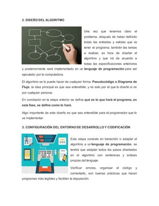 2. DISEÑO DEL ALGORITMO
Una vez que tenemos claro el
problema, después de haber definido
todas las entradas y salidas que va
tener el programa, también las tareas
a realizar, es hora de diseñar el
algoritmo y que irá de acuerdo a
todas las especificaciones anteriores
y posteriormente será implementado en un lenguaje de programación para ser
ejecutado por la computadora.
El algoritmo se lo puede hacer de cualquier forma: Pseudocódigo o Diagrama de
Flujo, la idea principal es que sea entendible, y no solo por el que lo diseñó si no
por cualquier persona.
En conclusión en la etapa anterior se define qué es lo que hará el programa, en
esta fase, se define como lo hará.
Algo importante de este diseño es que sea entendible para el programador que lo
va implementar.
3. CONFIGURACIÓN DEL ENTORNO DE DESARROLLO Y CODIFICACIÓN
Esta etapa consiste en transcribir o adaptar el
algoritmo a un lenguaje de programación, se
tendrá que adaptar todos los pasos diseñados
en el algoritmo con sentencias y sintaxis
propias del lenguaje.
Verificar errores, organizar el código y
comentarlo, son buenas prácticas que hacen
programas más legibles y facilitan la depuración.
 