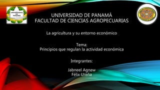 UNIVERSIDAD DE PANAMÁ
FACULTAD DE CIENCIAS AGROPECUARIAS
La agricultura y su entorno económico
Tema:
Principios que regulan la actividad económica
Integrantes:
Jabneel Agnew
Félix Ureña
 