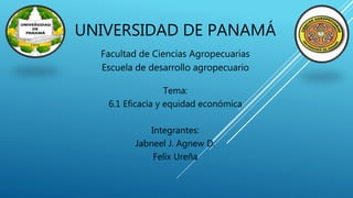 UNIVERSIDAD DE PANAMÁ
Facultad de Ciencias Agropecuarias
Escuela de desarrollo agropecuario
Tema:
6.1 Eficacia y equidad económica
Integrantes:
Jabneel J. Agnew D.
Felix Ureña
 