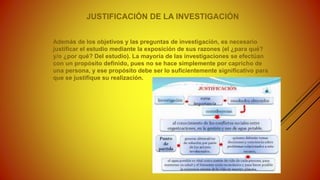 JUSTIFICACIÓN DE LA INVESTIGACIÓN
Además de los objetivos y las preguntas de investigación, es necesario
justificar el estudio mediante la exposición de sus razones (el ¿para qué?
y/o ¿por qué? Del estudio). La mayoría de las investigaciones se efectúan
con un propósito definido, pues no se hace simplemente por capricho de
una persona, y ese propósito debe ser lo suficientemente significativo para
que se justifique su realización.
 