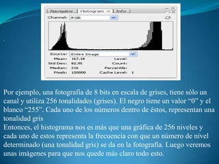 . Por ejemplo, una fotografía de 8 bits en escala de grises, tiene sólo un canal y utiliza 256 tonalidades (grises). El negro tiene un valor “0” y el blanco “255”. Cada uno de los números dentro de éstos, representan una tonalidad grisEntonces, el histograma nos es más que una gráfica de 256 niveles y cada uno de estos representa la frecuencia con que un número de nivel determinado (una tonalidad gris) se da en la fotografía. Luego veremos unas imágenes para que nos quede más claro todo esto.