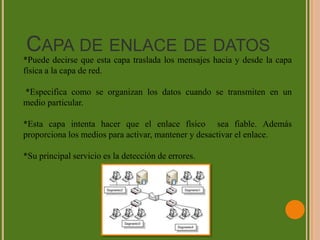 Capa de enlace de datos*Puede decirse que esta capa traslada los mensajes hacia y desde la capa física a la capa de red. *Especifica como se organizan los datos cuando se transmiten en un medio particular.*Esta capa intenta hacer que el enlace físico  sea fiable. Además proporciona los medios para activar, mantener y desactivar el enlace.*Su principal servicio es la detección de errores.