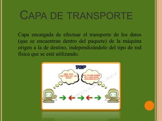 Capa de transporteCapa encargada de efectuar el transporte de los datos (que se encuentran dentro del paquete) de la máquina origen a la de destino, independizándolo del tipo de red física que se esté utilizando. 