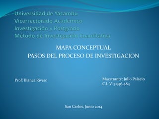 MAPA CONCEPTUAL
PASOS DEL PROCESO DE INVESTIGACION
Maestrante: Julio Palacio
C.I. V-5.956.484
Prof: Blanca Rivero
San Carlos, Junio 2014
 