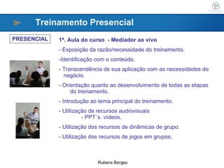 PRESENCIAL 1ª. Aula do curso  - Mediador ao vivo Exposição da razão/necessidade do treinamento. Identificação com o conteúdo. - Transcendência de sua aplicação com as necessidades do  negócio. Orientação quanto ao desenvolvimento de todas as etapas  do treinamento. Introdução ao tema principal do treinamento. - Utilização de recursos audiovisuais - PPT´s. vídeos. - Utilização dos recursos de dinâmicas de grupo. - Utilização dos recursos de jogos em grupos. Treinamento Presencial 