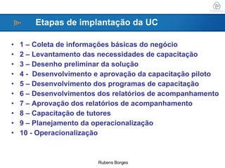 1 – Coleta de informações básicas do negócio 2 – Levantamento das necessidades de capacitação 3 – Desenho preliminar da solução 4 -  Desenvolvimento e aprovação da capacitação piloto 5 – Desenvolvimento dos programas de capacitação 6 – Desenvolvimentos dos relatórios de acompanhamento 7 – Aprovação dos relatórios de acompanhamento 8 – Capacitação de tutores 9 – Planejamento da operacionalização 10 - Operacionalização Etapas de implantação da UC 