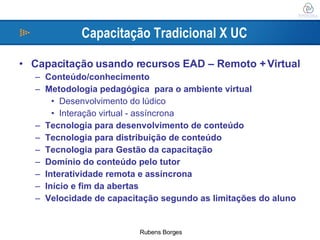 Capacitação Tradicional X UC Capacitação usando recursos EAD – Remoto + Virtual Conteúdo/conhecimento Metodologia pedagógica  para o ambiente virtual Desenvolvimento do lúdico Interação virtual - assíncrona Tecnologia para desenvolvimento de conteúdo Tecnologia para distribuição de conteúdo Tecnologia para Gestão da capacitação Domínio do conteúdo pelo tutor Interatividade remota e assíncrona Início e fim da abertas Velocidade de capacitação segundo as limitações do aluno 