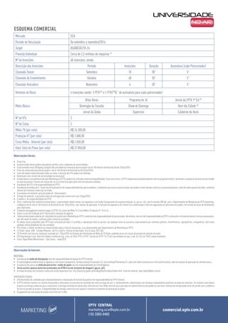 MARKETING
EPTV CENTRAL
marketing.sca@eptv.com.br
(16) 3363-6482
comercial.eptv.com.br
Mercado SCA
Período de Veiculação De setembro a novembro/2016
Target AS/ABCDE/18-24
Previsão Individual Cerca de 2,5 milhões de impactos (2)
Nº de Inserções 60 inserções, sendo:
Descrição das Inserções Período Inserções Duração Assinatura (cada Patrocinador)
Chamada Teaser Setembro 10 30” 5”
Chamada de Envolvimento Outubro 40 30” 5”
Chamada Vencedors Novembro 6 30” 5”
Vinhetas de Bloco 4 inserções sendo: 3 PTV1(3)
e 1 PTV2(3)
(5” de assinatura para cada patrocinador)
Mídia Básica
Altas Horas Programa do Jô Jornal da EPTV 1ª Ed.(3)
Domingão do Faustão Show de Domingo Bom dia Cidade (3)
Jornal da Globo Supercine Caldeirão do Huck
Nº de VTs 3
Nº de Cotas 2
Mídia TV (por cota) R$ 24.300,00
Produção VT (por cota) R$ 1.000,00
Cross Mídia - Internet (por cota) R$ 2.550,00
Valor Total do Plano (por cota) R$ 27.850,00
ESQUEMA COMERCIAL
Observações Gerais:
•	 Preço fixo;
•	 O patrocinador deste projeto não poderá conflitar com o segmento de universidades;
•	 O patrocinador atual (Shopping Jaraguá) têm prioridade de renovação desse projeto até às 16h (horário de Brasília) do dia 31/dez/2015;
•	 Prazo de comercialização desse projeto: até às 16h (horário de Brasília) do dia 01/jul/2016;
•	 Caso não sejam comercializadas todas as cotas, a duração dos VTs poderá ser alterada;
•	 Reservamo-nos o direito de exclusividade na veiculação;
•	 A mídia básica será administrada pelo Marketing da EPTV e poderá ser alterada conforme disponibilidade. Caso isso ocorra, a EPTV compensará automaticamente com um programa similar, mantendo a relação do previsto versus exibido
no total do projeto. O acerto de contas dar-se-á no final do projeto pelo total de inserções exibidas;
•	 A produção dos VTs é de responsabilidade da EPTV;
•	 A produção da vinheta de 5” (texto de até 8 palavras) é de responsabilidade dos patrocinadores. Lembramos que essas caracterizações não podem conter menção a ofertas e promoções/preços, tanto em vídeo quanto em áudio, conforme
manual de Formatos Comerciais da Globo;
•	 A assinatura do material será precedida de “oferecimento”;
•	 Entrega do material: a assinatura deve ser entregue pelo cliente até o dia 12/ago/2016;
•	 O evento é de responsabilidade da EPTV;
•	 Para a confecção dos materiais promocionais, o patrocinador deverá enviar sua logomarca com fundo transparente em arquivo extensão .ai,.eps ou .cdr, com no mínimo 300 dpi, para o Departamento de Marketing da EPTV marketing.
sca@eptv.com.br até às 16h (horário de Brasília) do dia 15/jul/2016, com manual de aplicação. A inclusão da logomarca do cliente fica condicionada à data da negociação do patrocínio do projeto, em virtude do prazo de fechamento
para impressão;
•	 Condições de pagamento (valores pagos à EPTV): Os custos de Mídia TV, Cross Mídia e Produção VT: 15 d.f.m. ;
•	 Sobre o custo de Produção do VT não incidirá comissão de agência;
•	 Ações promocionais poderão ser realizadas de acordo com o Marketing da EPTV, sendo de total responsabilidade do patrocinador. No entanto, não será de responsabilidade da EPTV a colocação e retirada de banners extras promocionais,
que não sejam do evento, conforme plano comercial acordado;
•	 Os vídeos serão produzidos pela EPTV para utilização privada e é proibida a reprodução total ou parcial, por qualquer meio ou processo, especialmente por sistemas gráficos, microfílmicos, reprográficos, fonográficos, bem como
qualquer alteração/edição em seu conteúdo;
•	 Pós-venda: o cliente receberá um relatório/vídeo após o final da veiculação, a ser desenvolvido pelo Departamento de Marketing da EPTV.
•	 (1) Fonte: Ipsos. EGM - Estudos Marplan. Jul/13 a Jun/14. Interior de São Paulo. 18 a 24 anos. (517.361)
•	 (2) Previsão com base na simulação realizada em 23/jul/2015 no Sistema de Informações de Mídia da TV Globo, podendo variar em função do período de exibição do plano.
•	 (3) Programação Local: Bom Dia Cidade é exibido de seg. à sex, às 7h10; PTV1 e PTV2 (Jornal da EPTV 1ª e 2ª ed.) são exibidos de seg. à sab, às 12h e às 19h15 respectivamente;
•	 Fonte: Ibope Media Workstation – São Carlos – maio/2015
Observações de Internet:
MATERIAL:
•	 A produção da mídia de divulgação será de responsabilidade da equipe da EPTV internet.
•	 O cliente/agência deverá enviar a logomarca com fundo transparente, formato vetorial (Illustrator CS .ai) ou bitmap (Photoshop CS .psd) com fundo claro/escuro e vertical/horizontal, além do manual de aplicação da referida marca.
•	 A produção das peças de mídia de patrocínio e mídia de apoio será de responsabilidade do cliente/agência.
•	 Serão aceitos apenas materiais produzidos em HTML5 ou em formatos de imagem (.jpg ou .gif).
•	 As especificações dos formatos comerciais estão disponíveis em: http://anuncie.globo.com/redeglobo/formatos/index.html. Envio de material: opec.digital@eptv.com.br
DISPOSIÇÕES GERAIS:
•	 O fornecimento de conteúdo para o desenvolvimento e atualização do hotsite do projeto é de responsabilidade da EPTV Internet.
•	 A EPTV Internet reserva-se o direito de proceder a alterações na estrutura do conteúdo dos sites ao longo do ano, e, eventualmente, substituições nos formatos originalmente previstos no plano de inserções. Em nenhum caso haverá
prejuízo na entrega comercial para o anunciante. A entrega estimada de impressões referente ao Cross Mídia internet será com base em análise histórica de audiência, portanto o volume de entrega pode variar de acordo com a audiência
do site no período do projeto. A disponibilidade da entrega comercial está sujeita à consulta no momento da aprovação do plano.
•	 O pagamento da veiculação do projeto será feito em 15 dfm.
 