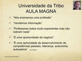 Universidade da Tribo
AULA MAGNA
“Nós ensinamos uma profissão”
“Vendemos informação”
“Professores todos muito experientes mas não
cobram nada”
“É uma oportunidade de negócio”
“É uma oprtunidade de desenvolvimento de
competências pessiais, liderança, autonomia,
autoestima” - Rui Gabriel
http://youtu.be/SYlkn7WWRuc
 