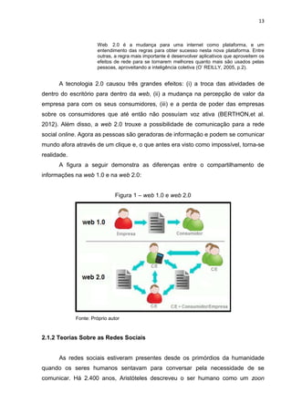 13
Web 2.0 é a mudança para uma internet como plataforma, e um
entendimento das regras para obter sucesso nesta nova plataforma. Entre
outras, a regra mais importante é desenvolver aplicativos que aproveitem os
efeitos de rede para se tornarem melhores quanto mais são usados pelas
pessoas, aproveitando a inteligência coletiva (O’ REILLY, 2005, p.2).
A tecnologia 2.0 causou três grandes efeitos: (i) a troca das atividades de
dentro do escritório para dentro da web, (ii) a mudança na percepção de valor da
empresa para com os seus consumidores, (iii) e a perda de poder das empresas
sobre os consumidores que até então não possuíam voz ativa (BERTHON,et al.
2012). Além disso, a web 2.0 trouxe a possibilidade de comunicação para a rede
social online. Agora as pessoas são geradoras de informação e podem se comunicar
mundo afora através de um clique e, o que antes era visto como impossível, torna-se
realidade.
A figura a seguir demonstra as diferenças entre o compartilhamento de
informações na web 1.0 e na web 2.0:
Figura 1 – web 1.0 e web 2.0
Fonte: Próprio autor
2.1.2 Teorias Sobre as Redes Sociais
As redes sociais estiveram presentes desde os primórdios da humanidade
quando os seres humanos sentavam para conversar pela necessidade de se
comunicar. Há 2.400 anos, Aristóteles descreveu o ser humano como um zoon
 