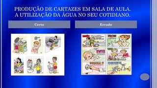PRODUÇÃO DE CARTAZES EM SALA DE AULA.
A UTILIZAÇÃO DA ÁGUA NO SEU COTIDIANO.
Certo
Errado