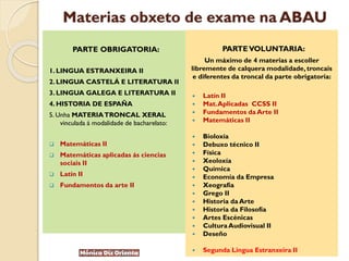 Materias obxeto de exame na ABAU
PARTE OBRIGATORIA:
1. LINGUA ESTRANXEIRA II
2. LINGUA CASTELÁ E LITERATURA II
3. LINGUA GALEGA E LITERATURA II
4. HISTORIA DE ESPAÑA
5. Unha MATERIATRONCAL XERAL
vinculada á modalidade de bacharelato:
 Matemáticas II
 Matemáticas aplicadas ás ciencias
sociais II
 Latín II
 Fundamentos da arte II
PARTEVOLUNTARIA:
Un máximo de 4 materias a escoller
libremente de calquera modalidade,troncais
e diferentes da troncal da parte obrigatoria:
 Latín II
 Mat.Aplicadas CCSS II
 Fundamentos da Arte II
 Matemáticas II
 Bioloxía
 Debuxo técnico II
 Física
 Xeoloxía
 Química
 Economía da Empresa
 Xeografía
 Grego II
 Historia da Arte
 Historia da Filosofía
 Artes Escénicas
 Cultura Audiovisual II
 Deseño
 Segunda Lingua Estranxeira II
 