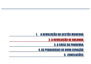 3. A CRISE DA PANDEMIA
5. CONCLUSÕES
2. A REVOLUÇÃO DE BOLONHA
1. A REVOLUÇÃO DA GESTÃ0 MODERNA
4. AS PEDAGOGIAS DE NOVA GERAÇÃO
 