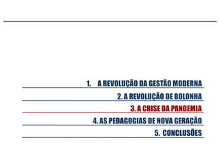 3. A CRISE DA PANDEMIA
5. CONCLUSÕES
2. A REVOLUÇÃO DE BOLONHA
1. A REVOLUÇÃO DA GESTÃ0 MODERNA
4. AS PEDAGOGIAS DE NOVA GERAÇÃO
 