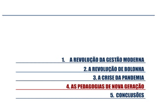 3. A CRISE DA PANDEMIA
5. CONCLUSÕES
2. A REVOLUÇÃO DE BOLONHA
1. A REVOLUÇÃO DA GESTÃ0 MODERNA
4. AS PEDAGOGIAS DE NOVA GERAÇÃO
 