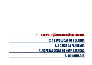 3. A CRISE DA PANDEMIA
5. CONCLUSÕES
2. A REVOLUÇÃO DE BOLONHA
1. A REVOLUÇÃO DA GESTÃ0 MODERNA
4. AS PEDAGOGIAS DE NOVA GERAÇÃO
 