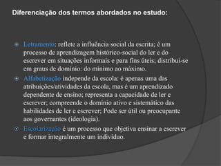 Diferenciação dos termos abordados no estudo:



 Letramento: reflete a influência social da escrita; é um
  processo de aprendizagem histórico-social do ler e do
  escrever em situações informais e para fins úteis; distribui-se
  em graus de domínio: do mínimo ao máximo.
 Alfabetização independe da escola: é apenas uma das
  atribuições/atividades da escola, mas é um aprendizado
  dependente de ensino; representa a capacidade de ler e
  escrever; compreende o domínio ativo e sistemático das
  habilidades de ler e escrever; Pode ser útil ou preocupante
  aos governantes (ideologia).
 Escolarização é um processo que objetiva ensinar a escrever
  e formar integralmente um indivíduo.
 