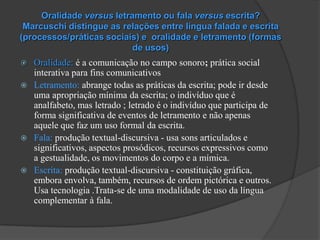 Oralidade versus letramento ou fala versus escrita?
 Marcuschi distingue as relações entre língua falada e escrita
(processos/práticas sociais) e oralidade e letramento (formas
                           de usos)
 Oralidade: é a comunicação no campo sonoro; prática social
  interativa para fins comunicativos
 Letramento: abrange todas as práticas da escrita; pode ir desde
  uma apropriação mínima da escrita; o indivíduo que é
  analfabeto, mas letrado ; letrado é o indivíduo que participa de
  forma significativa de eventos de letramento e não apenas
  aquele que faz um uso formal da escrita.
 Fala: produção textual-discursiva - usa sons articulados e
  significativos, aspectos prosódicos, recursos expressivos como
  a gestualidade, os movimentos do corpo e a mímica.
 Escrita: produção textual-discursiva - constituição gráfica,
  embora envolva, também, recursos de ordem pictórica e outros.
  Usa tecnologia .Trata-se de uma modalidade de uso da língua
  complementar à fala.
 