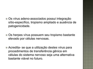    Os vírus adeno-associados possui integração
    sítio-específico, tropismo ampliado e ausência de
    patogenicidade.

   Os herpes vírus possuem seu tropismo bastante
    elevado por células nervosas.

   Acredita- se que a utilização destes vírus para
    procedimentos de transferência gênica em
    células do sistema nervoso seja uma alternativa
    bastante viável no futuro.
 