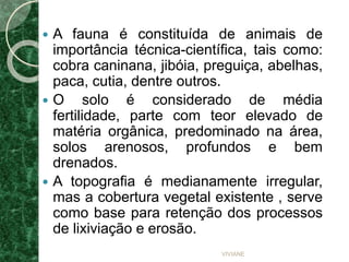  A fauna é constituída de animais de
importância técnica-científica, tais como:
cobra caninana, jibóia, preguiça, abelhas,
paca, cutia, dentre outros.
 O solo é considerado de média
fertilidade, parte com teor elevado de
matéria orgânica, predominado na área,
solos arenosos, profundos e bem
drenados.
 A topografia é medianamente irregular,
mas a cobertura vegetal existente , serve
como base para retenção dos processos
de lixiviação e erosão.
VIVIANE
 