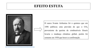 EFEITO ESTUFA
O sueco Svante Arrhenius foi o químico que em
1896 publicou uma previsão de que o CO₂
proveniente da queima de combustíveis fósseis
levaria a mudança climática global, porém foi
somente em 1930 que houve a confirmação.
http://wal.nbed.nb.ca/sciencesettechnologies/pierrebrideau/arrhenius.jpg
 