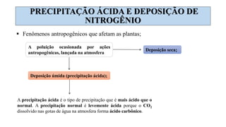 PRECIPITAÇÃO ÁCIDA E DEPOSIÇÃO DE
NITROGÊNIO
 Fenômenos antropogênicos que afetam as plantas;
A poluição ocasionada por ações
antropogênicas, lançada na atmosfera
Deposição seca;
Deposição úmida (precipitação ácida);
A precipitação ácida é o tipo de precipitação que é mais ácido que o
normal. A precipitação normal é levemente ácida porque o CO2
dissolvido nas gotas de água na atmosfera forma ácido carbônico.
 