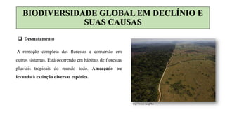 A remoção completa das florestas e conversão em
outros sistemas. Está ocorrendo em hábitats de florestas
pluviais tropicais do mundo todo. Ameaçado ou
levando à extinção diversas espécies.
 Desmatamento
BIODIVERSIDADE GLOBAL EM DECLÍNIO E
SUAS CAUSAS
http://twixar.me/gPKn
 