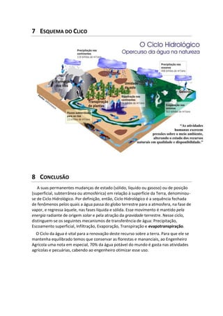 7 ESQUEMA DO CLICO
8 CONCLUSÃO
A suas permanentes mudanças de estado (sólido, líquido ou gasoso) ou de posição
(superficial, subterrânea ou atmosférica) em relação à superfície da Terra, denominou-
se de Ciclo Hidrológico. Por definição, então, Ciclo Hidrológico é a sequência fechada
de fenômenos pelos quais a água passa do globo terrestre para a atmosfera, na fase de
vapor, e regressa àquele, nas fases líquida e sólida. Esse movimento é mantido pela
energia radiante de origem solar e pela atração da gravidade terrestre. Nesse ciclo,
distinguem-se os seguintes mecanismos de transferência de água: Precipitação,
Escoamento superficial, Infiltração, Evaporação, Transpiração e evapotranspiração.
O Ciclo da água é vital para a renovação deste recurso sobre a terra. Para que ele se
mantenha equilibrado temos que conservar as florestas e mananciais, ao Engenheiro
Agrícola uma nota em especial, 70% da água potável do mundo é gasta nas atividades
agrícolas e pecuárias, cabendo ao engenheiro otimizar esse uso.
 