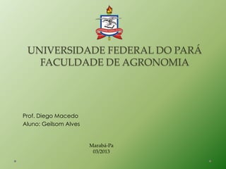 UNIVERSIDADE FEDERAL DO PARÁ
   FACULDADE DE AGRONOMIA




Prof. Diego Macedo
Aluno: Geilsom Alves


                       Marabá-Pa
                        03/2013
 