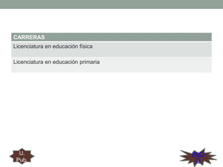 CARRERAS
Licenciatura en educación física
Licenciatura en educación primaria

U.
Pub.

INICI
O

 