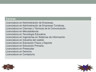 Carreras
Licenciatura en Administración de Empresas.
Licenciatura en Administración de Empresas Turísticas.
Licenciatura en Ciencias y Técnicas de la Comunicación.
Licenciatura en Mercadotecnia.
Licenciatura en Tecnología Educativa.
Licenciatura en Ingeniarías en Sistemas de Información.
Licenciatura en Industria del vestido
Licenciatura en Educación Física y Deporte
Licenciatura en Educación Primaria.
Licenciatura en Preescolar
Licenciatura en Derecho.
Licenciatura en Contaduría.

U.
Priv.

INICI
O

 