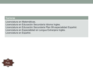 Carreras
Licenciatura en Matemáticas.
Licenciatura en Educación Secundaría Idioma Ingles.
Licenciatura en Educación Secundaria Plan 99 especialidad Español.
Licenciatura en Especialidad en Lengua Extranjera Inglés.
Licenciatura en Español.

U.
Pub.
zac.

 