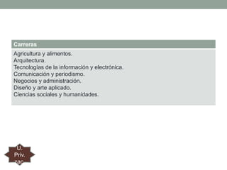 Carreras
Agricultura y alimentos.
Arquitectura.
Tecnologías de la información y electrónica.
Comunicación y periodismo.
Negocios y administración.
Diseño y arte aplicado.
Ciencias sociales y humanidades.

U.
Priv.
zac.

 