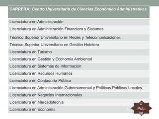 CARRERA: Centro Universitario de Ciencias Económico Administrativas
Licenciatura en Administración
Licenciatura en Administración Financiera y Sistemas
Técnico Superior Universitario en Redes y Telecomunicaciones

Técnico Superior Universitario en Gestión Hotelera
Licenciatura en Turismo
Licenciatura en Gestión y Economía Ambiental
Licenciatura en Sistemas de Información
Licenciatura en Recursos Humanos
Licenciatura en Contaduría Pública
Licenciatura en Administración Gubernamental y Políticas Públicas Locales
Licenciatura en Negocios Internacionales
Licenciatura en Mercadotecnia

Licenciatura en Economía

U.
Pub.
jal.

 