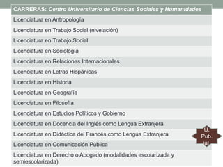 CARRERAS: Centro Universitario de Ciencias Sociales y Humanidades
Licenciatura en Antropología
Licenciatura en Trabajo Social (nivelación)
Licenciatura en Trabajo Social
Licenciatura en Sociología
Licenciatura en Relaciones Internacionales
Licenciatura en Letras Hispánicas
Licenciatura en Historia
Licenciatura en Geografía

Licenciatura en Filosofía
Licenciatura en Estudios Políticos y Gobierno
Licenciatura en Docencia del Inglés como Lengua Extranjera
Licenciatura en Didáctica del Francés como Lengua Extranjera
Licenciatura en Comunicación Pública
Licenciatura en Derecho o Abogado (modalidades escolarizada y
semiescolarizada)

U.
Pub.
jal.

 